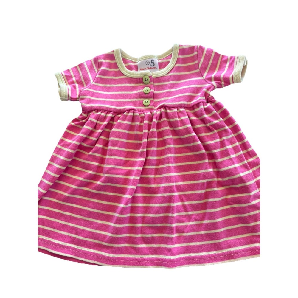 Hanna Andersson Girls VTG Day Dress Striped Pink Yellow Button Classic 80 2t